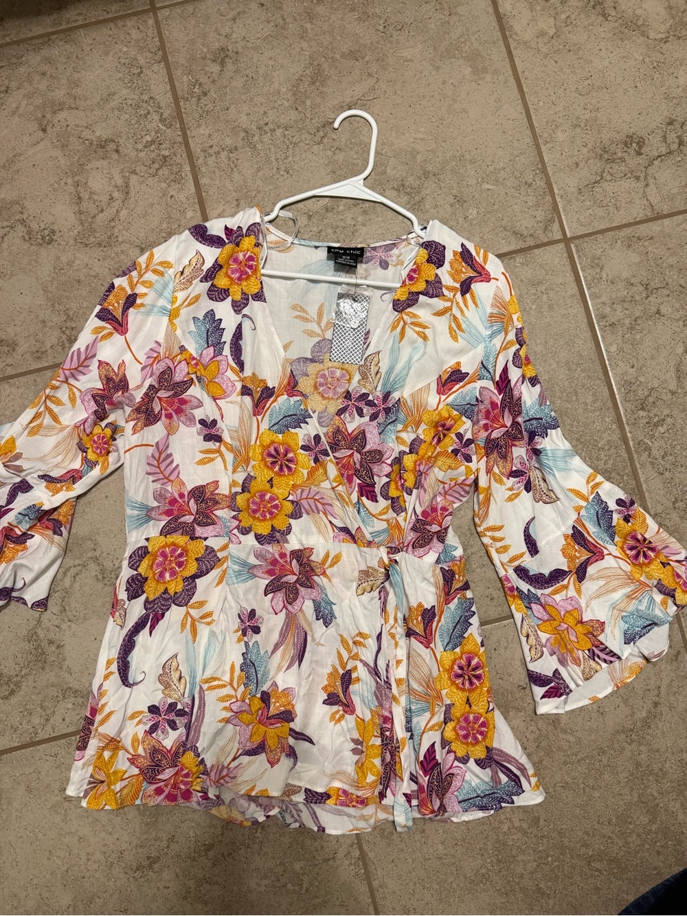 City Chic Floral Wrap Blouse in White with Yellow & Purple Accents